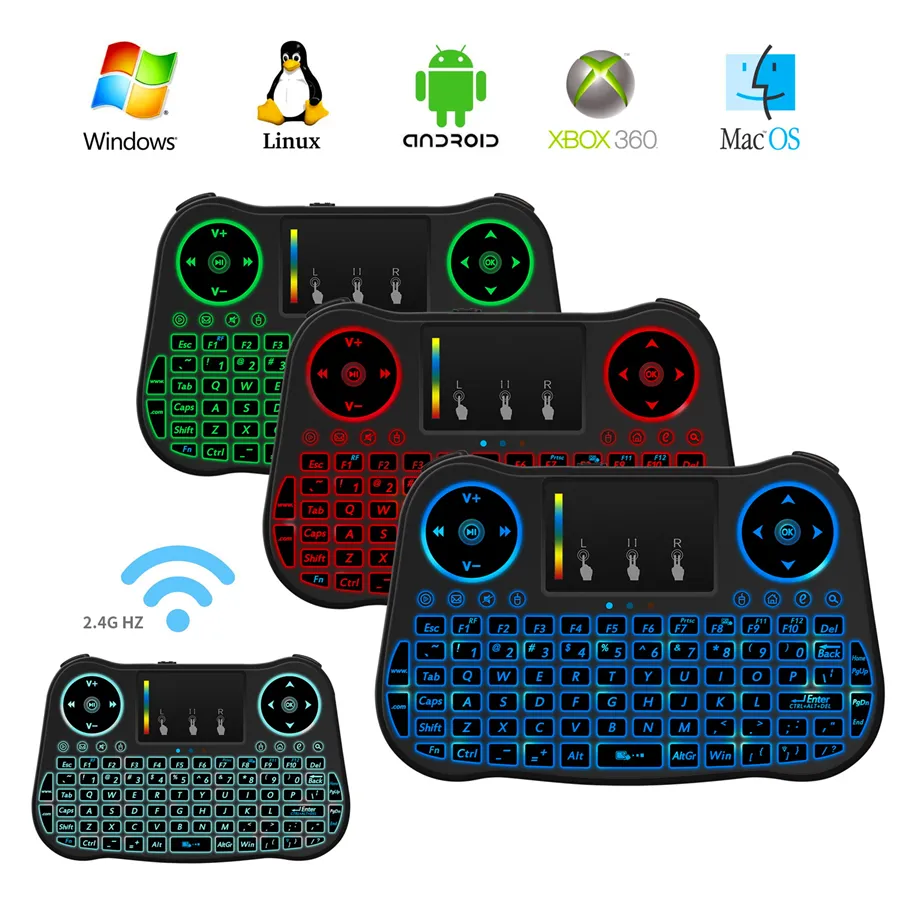 mini mt08 2.4ghz teclado sem fio 7 cor backlit inglês controle remoto touchpad para Android caixa de tv tablet pc inteligente tv pk i8