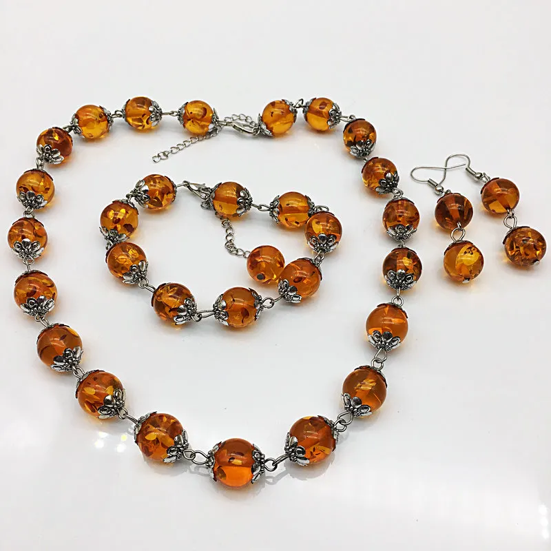 Fashion Tibet Silver Round Amber Pärlor Halsband Armband Örhängen Set med 0,47 