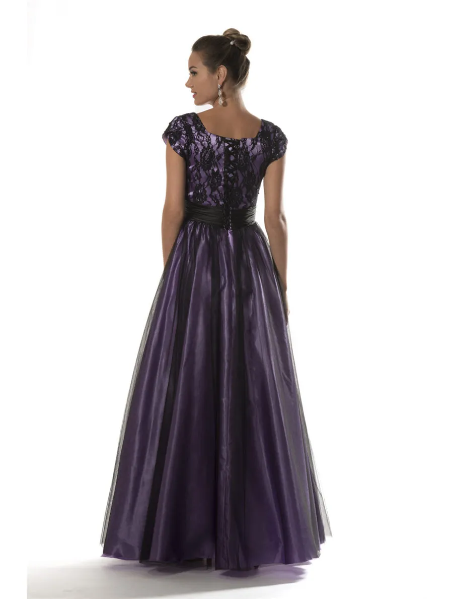 Simples Rendas Tulle Preto Roxo Longo Modest Prom Vestidos Com Mangas Cap Lace-Up Voltar A Linha Andar de Comprimento Prom Vestidos Adolescente Barato Vestido de Festa