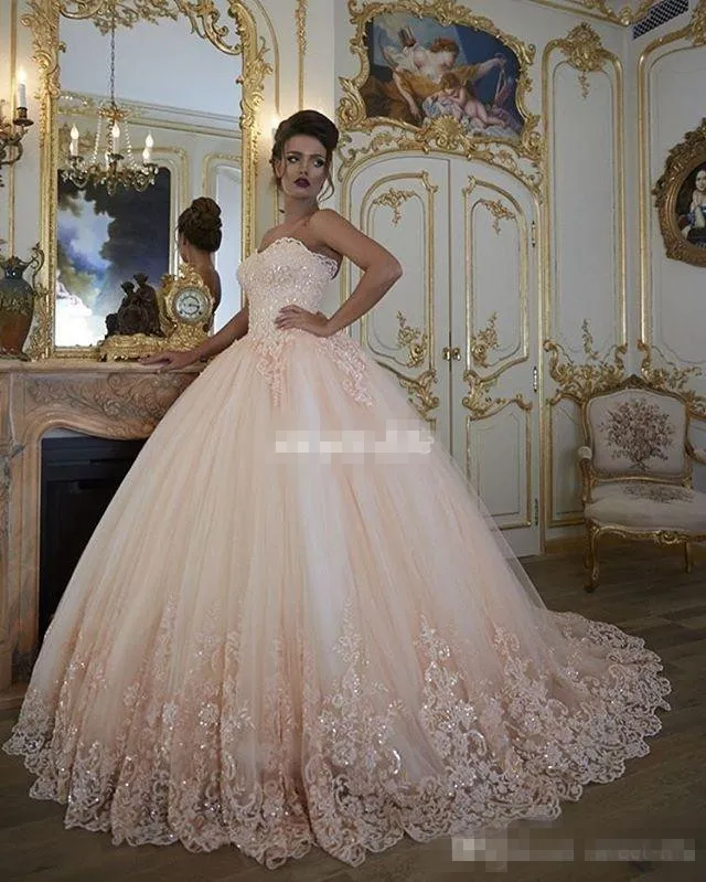 Vintage Suknie Ślubne Suknie Ślubne Turcja Koronki Bling Zroszony Tulle Sweetheart Gorset Powrót Pufy Plus Size Ball Suknia 2019 Blush Różowy