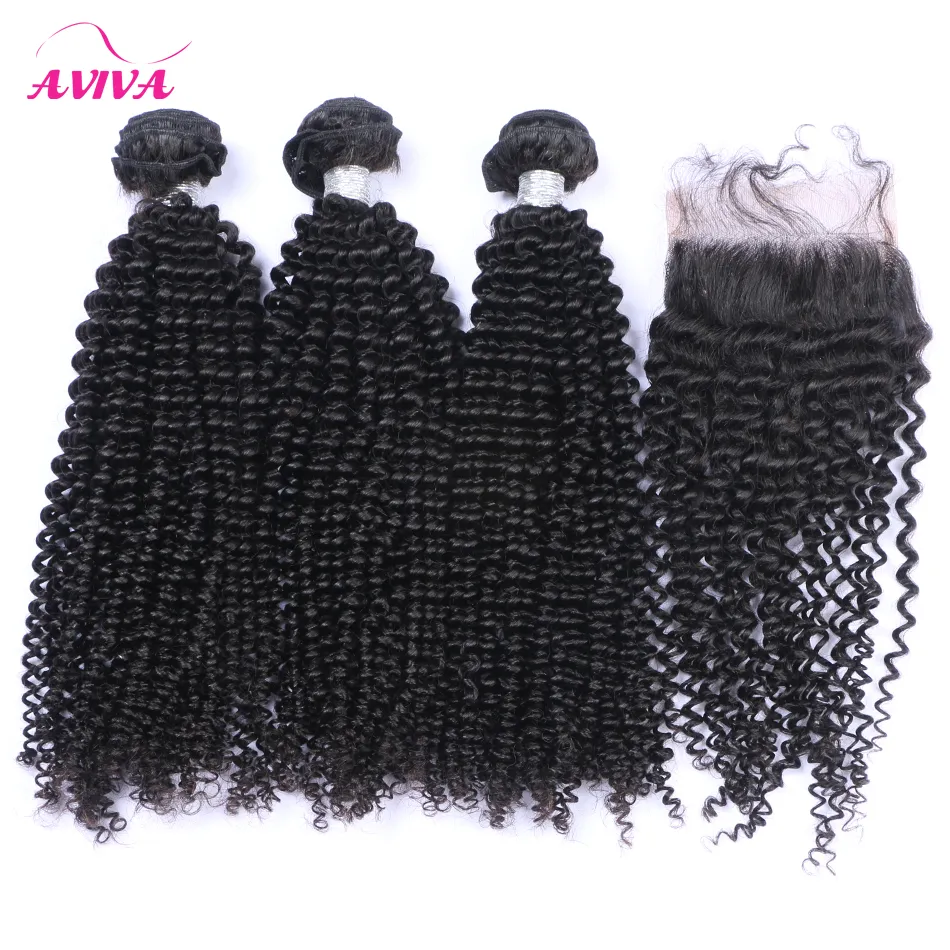 3 Bundles Brésiliens Crépus Bouclés Vierges de Cheveux Humains Avec Fermeture Péruvienne Malaisienne Mongole Cambodgienne Indienne Cheveux Et Dentelle Fermetures