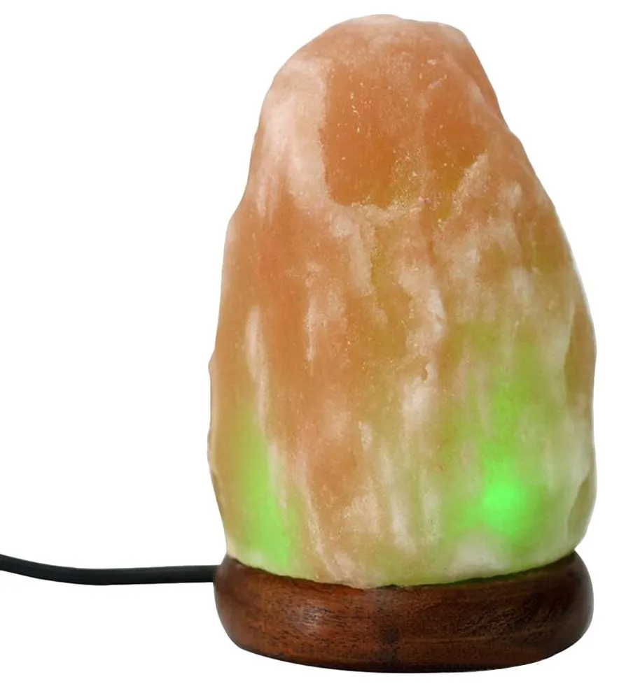 Nattljus Glöd Handskuren naturlig kristall Himalayan Saltlampa med äkta Neem Wood Base, multicolor LED-lampa och USB-kontakt