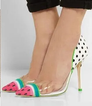 PVC vattenmelon pekade tå höga klackar kvinnor pumpar söta gladiator sandaler kvinnor skor sommar damer skor stilett slipon9848022