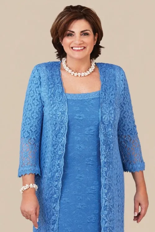 Ann Balon Azul Mãe da Noiva Vestidos Com Jaqueta Longa Renda Mães Vestido de Convidado de Casamento Comprimento do Chá Plus Size Mãe Gr275x