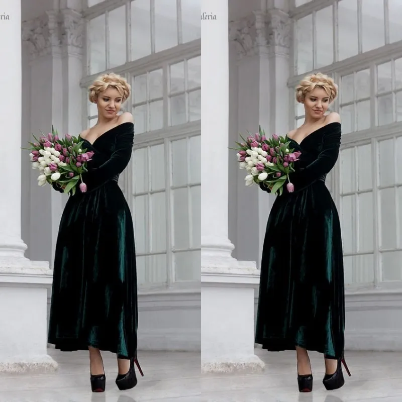 Dark Green Velvet Off-Shoulder Evening Dress Long Sleeve Ankle-Length  A-Line Gown from Dhgate Evening Dresses - price 115.45
