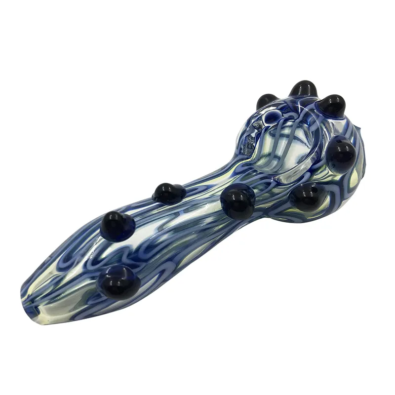 Stylish Fumed Inside-Out Spoon Pipe with Double Blue Stripe Frit and Black Marbles - Glass Smoking Pipes