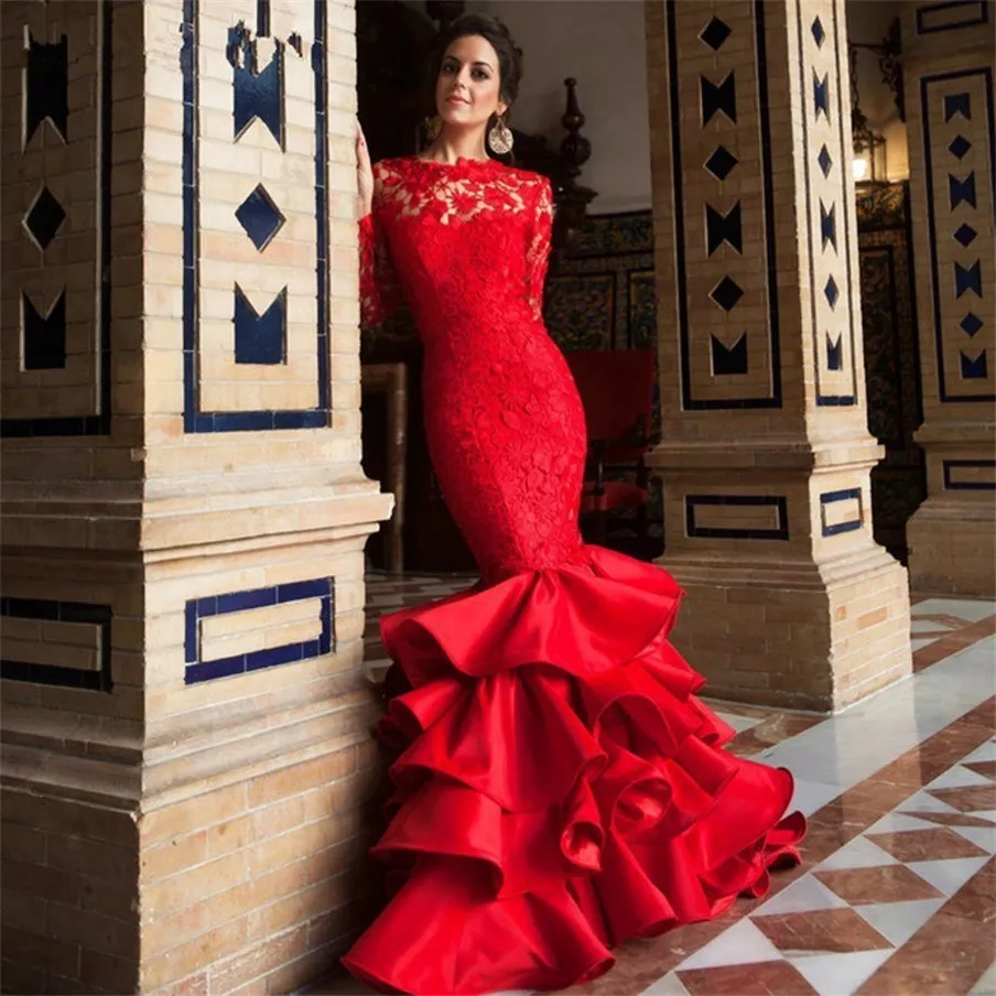 Long Sleeves Red Lace Ruffled Skirt Mermaid Evening Dresses Women Special Occasion Dress Prom Gown Open Back vestido de festa