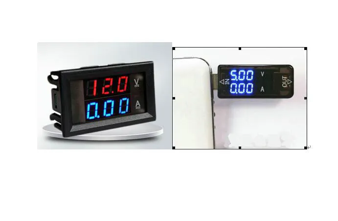 Conjunto pacote usb dc3.5vdc20v carregador amperímetro voltímetro + digital dc 4.5v-30v medidor de corrente de tensão vermelho azul led display duplo
