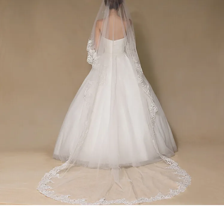 Veli da sposa lunghi 3 metri con bordi applicati bianchi matrimonio da sposa con morbidi veli da sposa in tulle lunghezza pavimento accessori da sposa gv147059265