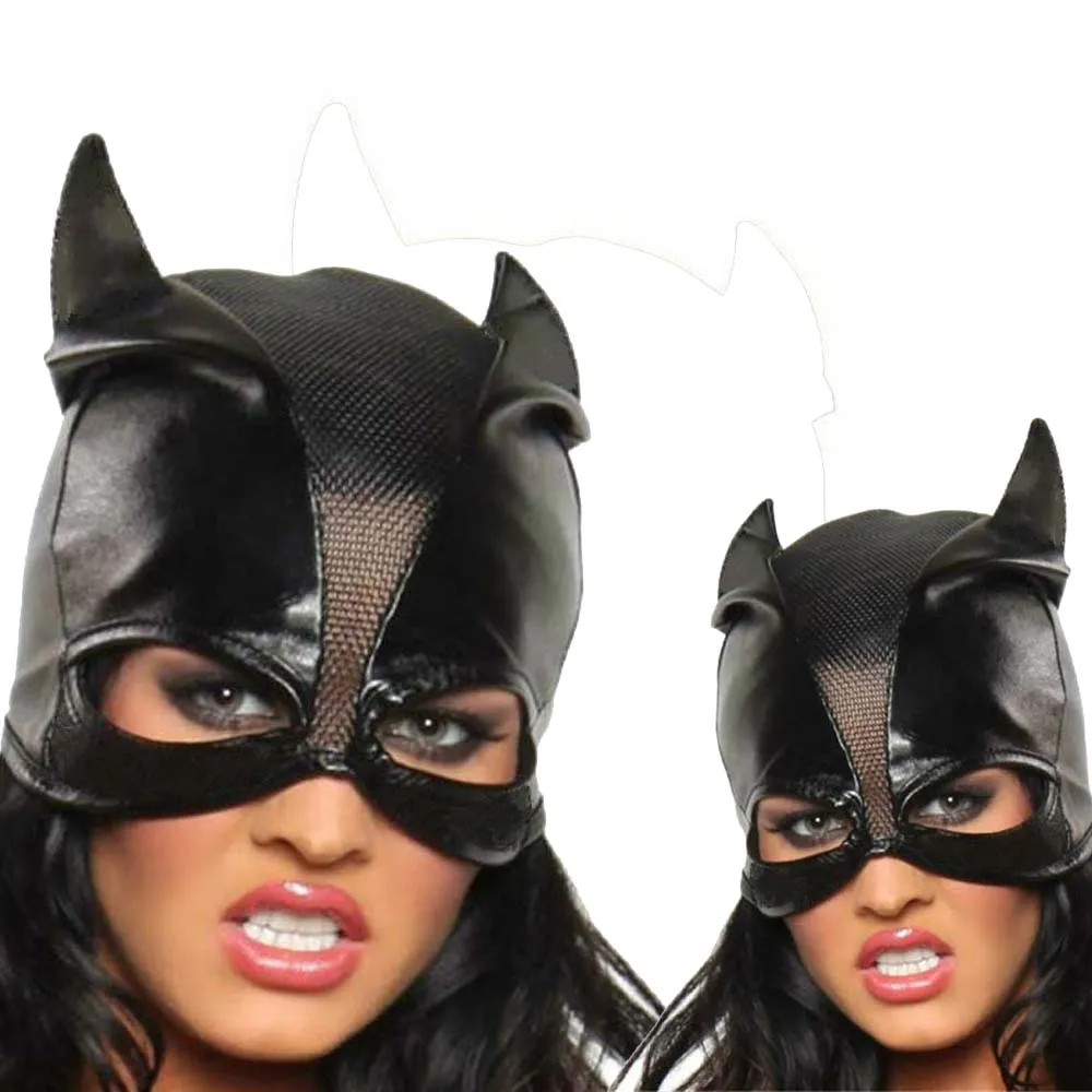 Black Catwoman Open Wolf Eye Mask Cosplay Costume Outfit With Bat Ears