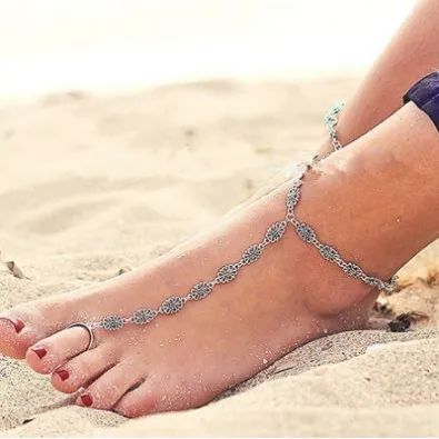 Vintage Ankle Chain Antique Silver Engraved Flower Pattern Anklets Boho Anklet Bracelet Toe Ring Foot Chain Foot