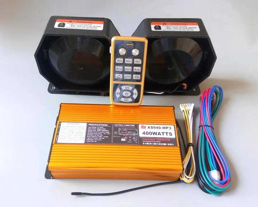 PS940-MP3 Amplificadores de alarma de coche para ambulancia, sirena de policía, control inalámbrico, 400W, con función Mp3, mando a distancia + 2 unidades de altavoces de 200W