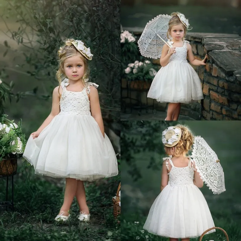 Robe à fleurs blanche pour filles, Design Simple, bon marché, avec des Appliques en dentelle, robes de concours en Tulle, longueur aux genoux, petites robes de mariée