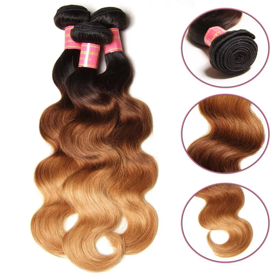 Trois Tons Miel Blonde Humaine Vierge Cheveux Bundles # 1B 4/27 Brun Blonde Ombre Extensions de Cheveux Double Trame Vague de Corps Armure de Cheveux Humains