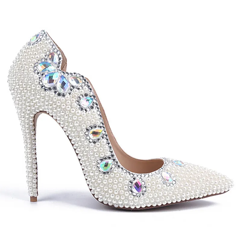 送料無料サイズ34-41女性真珠の結婚式の靴尖ったつま先本革快適なブライダルドレスシューズ靴パージーポンプ