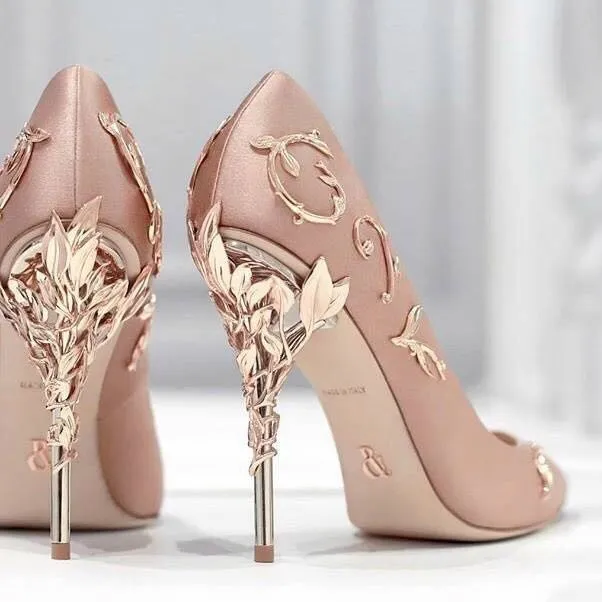 Ralph & Russo Silver Leaf Brand Wedding Dress Bridal Pumps for women Thin high heels White Satin Ladies Pumps Slip on Solid Single Shoes