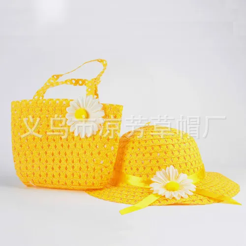 Прекрасный подсолнечник цветок шапки детей Sunhat Baby девушки повседневные пляжные солнце Соломенная шляпа + соломенная сумка 2 шт. / Комплект для детей 9 Цветов C1938