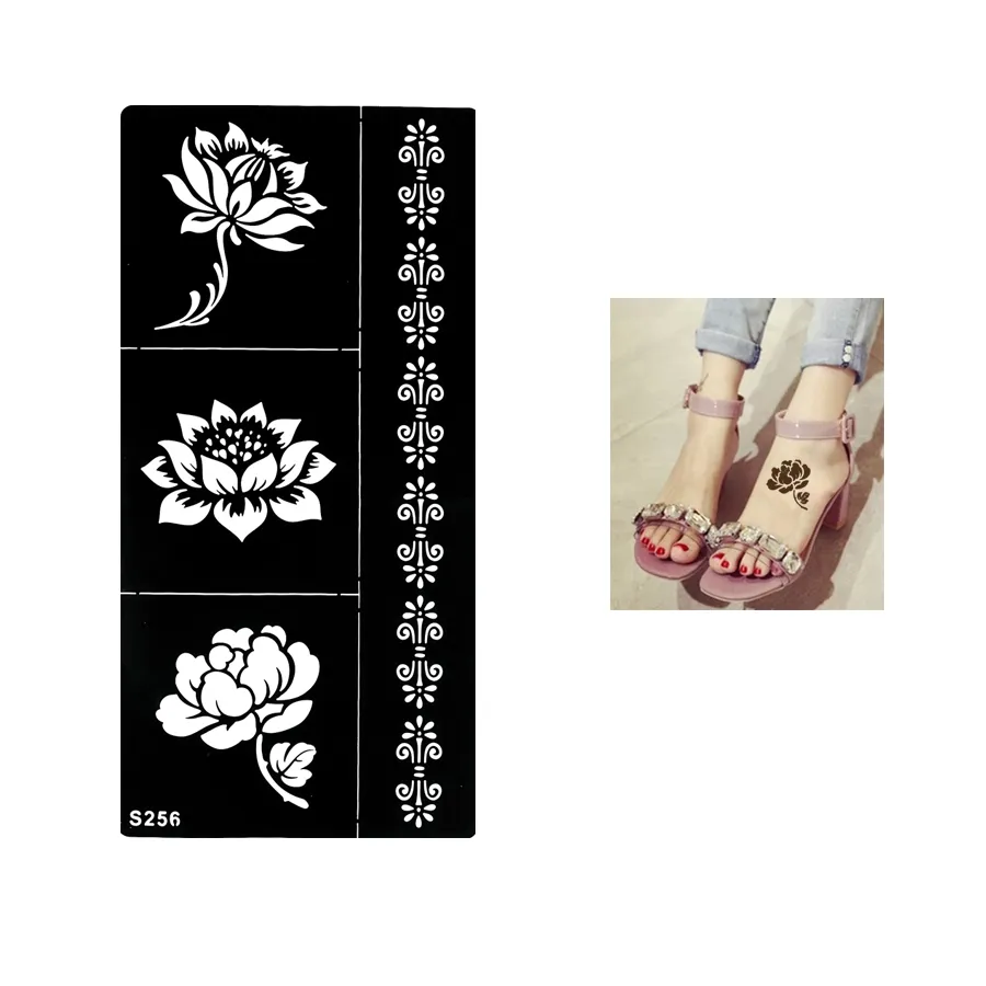 Gros-1 feuille temporaire noir henné fleurs de lotus pochoir tatouage bracelet dentelle conception sexe femmes maquillage pointe corps art autocollant papier S256