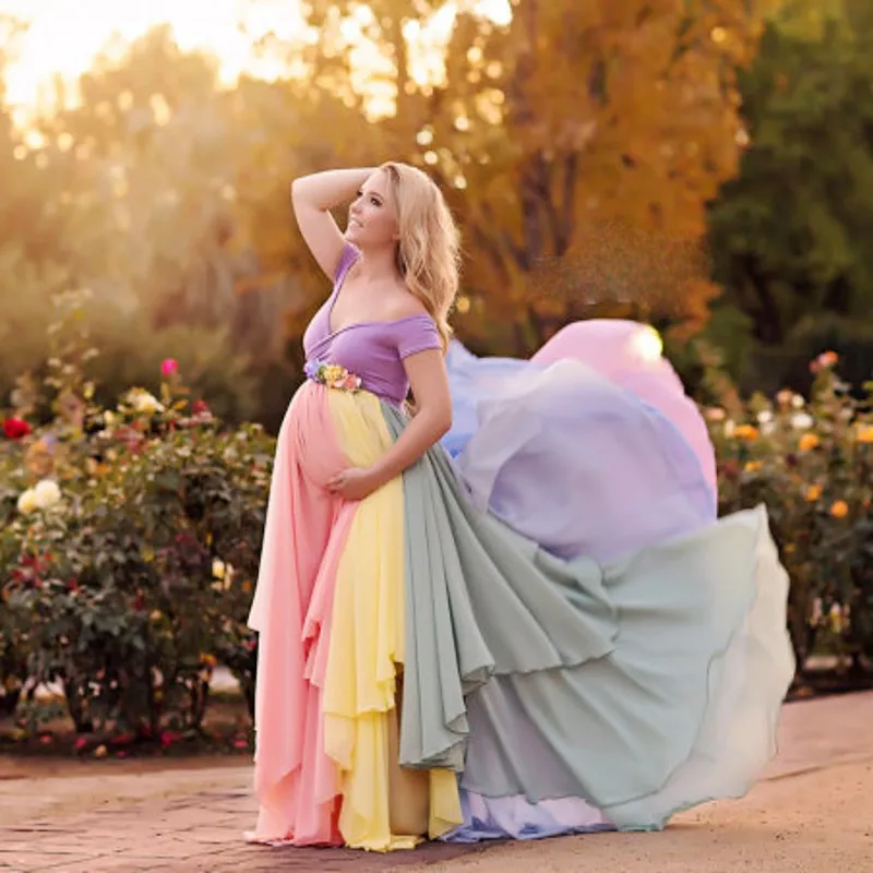 Robes de bal colorées pour femme enceinte en mousseline de soie sur l'épaule robes de soirée manches courtes à manches courtes fleurs faites à la main robe de soirée