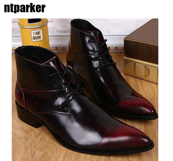 Luxe Mens Jurk Schoenen Mode Designer Leisure Hoge Top Lederen Schoenen Korte enkellaars Lacking Men Boot Punted Teen