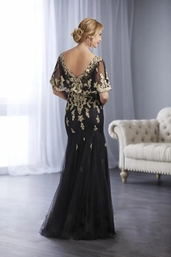 Black Mermaid Mother of the Bride Dress with Gold Lace Applique, V-Neck,  Half Sleeve, Floor-Length Tulle Gown from Dhgate Mother's Dresses - price  148.75