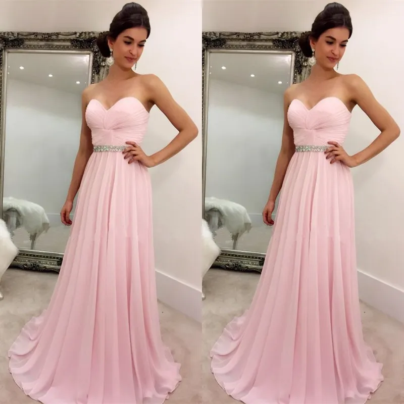 Ucuz Yarışması Elbise Pembe Şifon Balo Dressess Dantelli En Sweetheart Kolsuz Kristaller Uzun Örgün Akşam Parti Gowns Sweep Tren