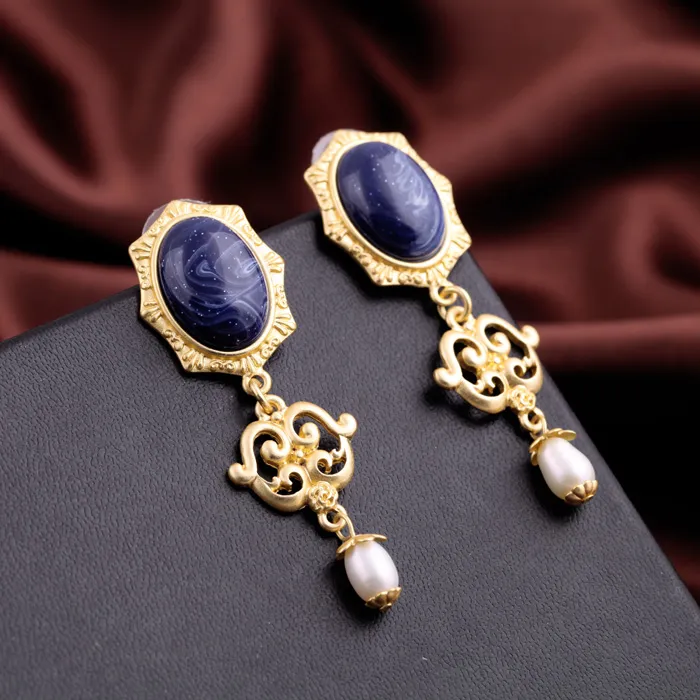 Trendy kostuum sieraden blauwe edelsteen stenen parel hanger mode vrouwen dangle kroonluchter oorbellen cadeau voor meisjes