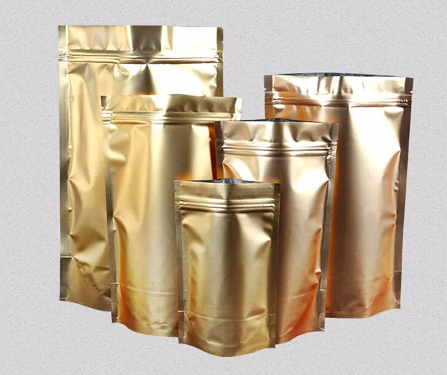 100ピースゴールデンリクローリング可能スタンドアップアルミホイルジッパーロックバッグメタリックアルミニウムプラスチックポーチジッパーグリップシール9-29cmバッグ卸売