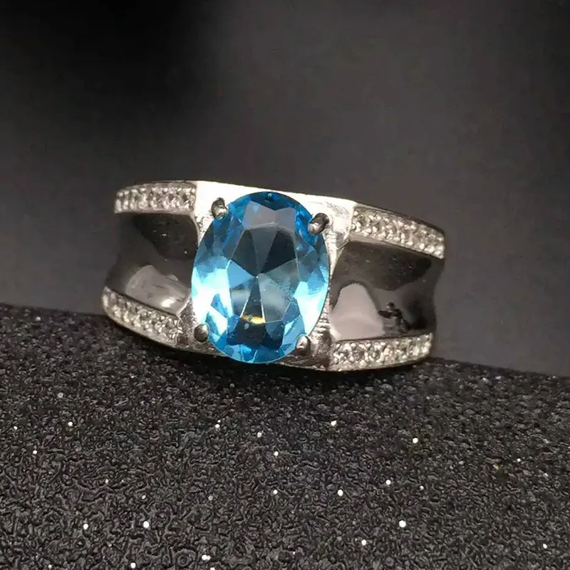 Mode Blauw Topaz Ring voor Man Solid 925 Sterling Silver Man Ring 100% Natural 8 * 10mm Topaz Man Classic zilveren sieraden