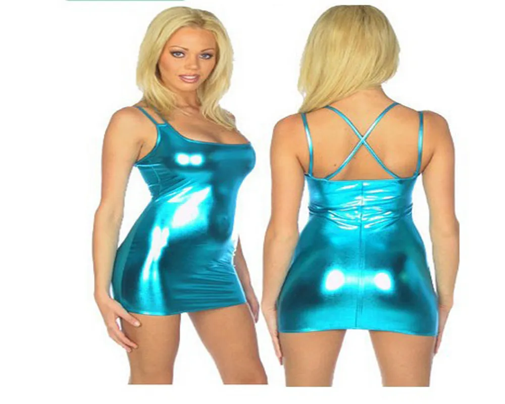 Синий черный металлический сексуальный совок шеи Bodycon женщин Wetlook блестящий мини-платье диско Стриппер рукавов танец клубная одежда
