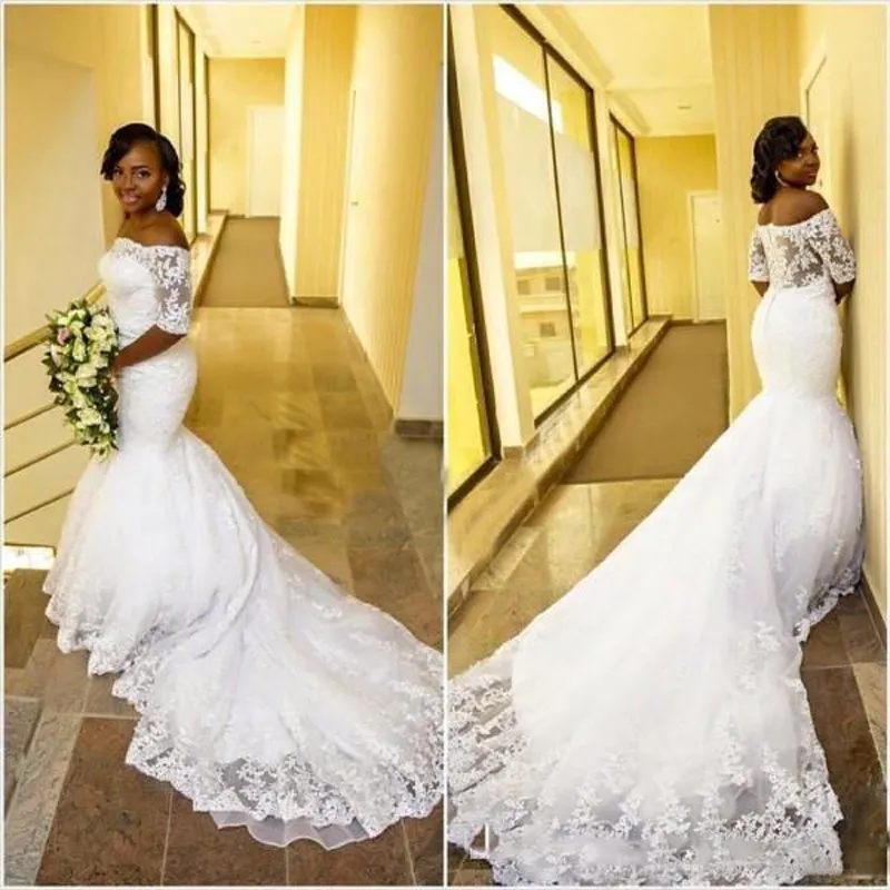 Gorgeous Off the Shoulder Mermaid Wedding Dress 2018 Lace Appliques See Through Back Arabic African Bridal Gowns with Short Sleeves