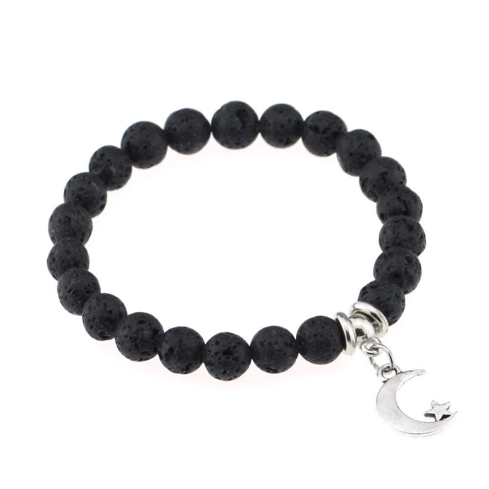 Heiße Lava Rock Beads Armbänder Rudder Baum Kreuz Feder Sterne Charme Schwarz Naturstein Stretch Armband für Frauen Mode Handwerk Schmuck