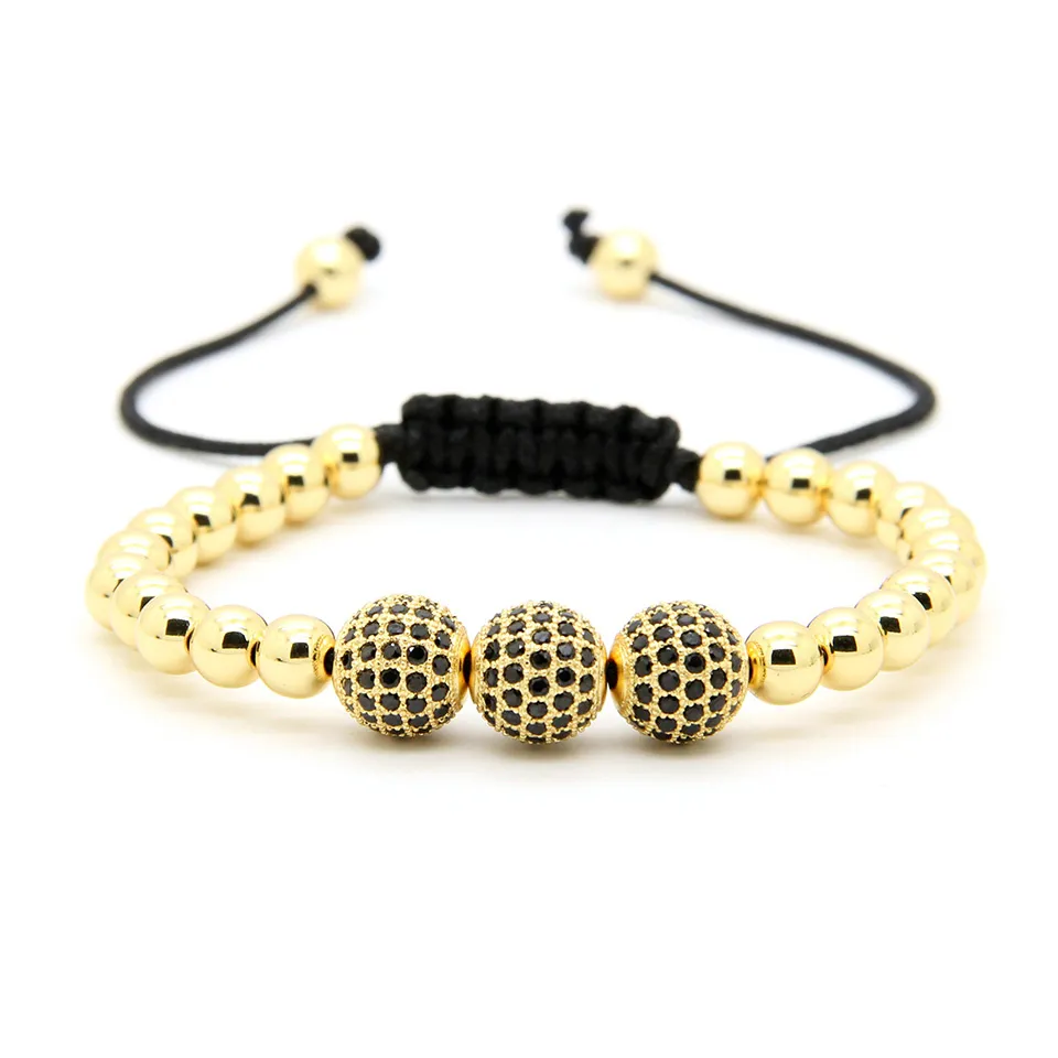 Moda Jóias de Alta Qualidade 6mm Contas De Cobre Com Três 10mm Preto Cz Beads Trança Macramé Pulseiras