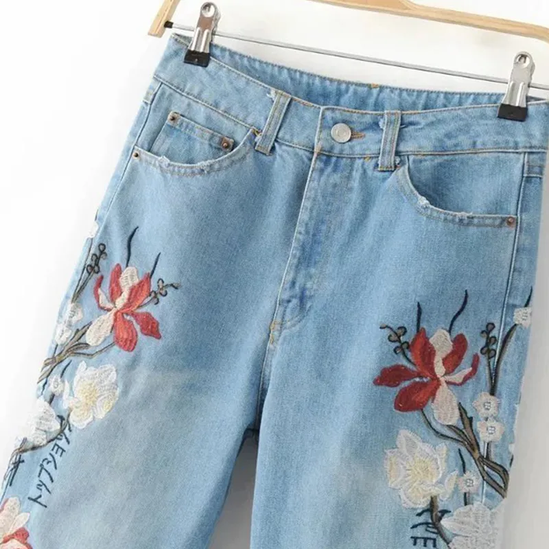 Wholesale Mom Flower Embroidered Straight Flower Jeans 2017 Spring