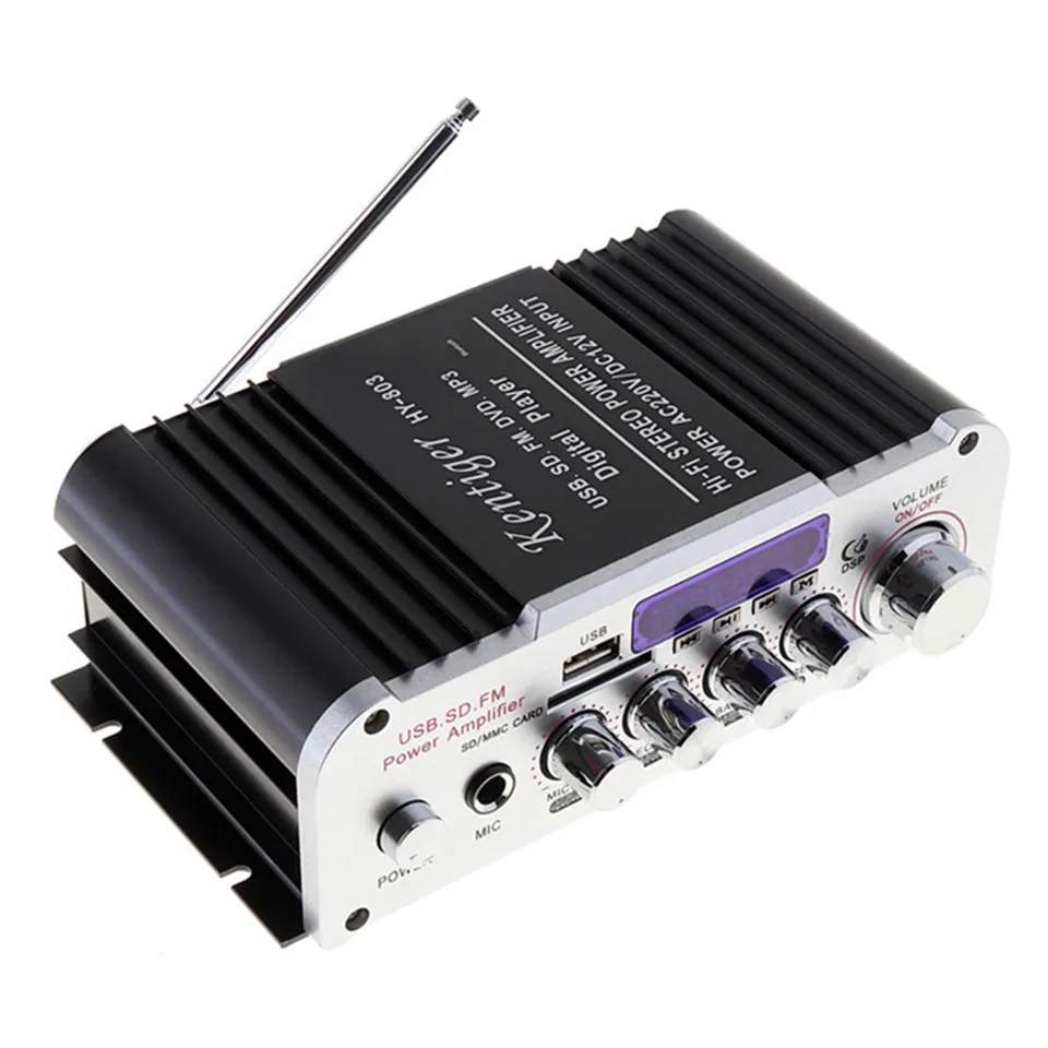 HY803 Mini-Verstärker, Auto-Verstärker, Bluetooth-Verstärker, 40 W + 40 W, FM-Mikrofon, MP3-Unterstützung, AC 220 V oder DC 12 V Eingang, mit Netzteil