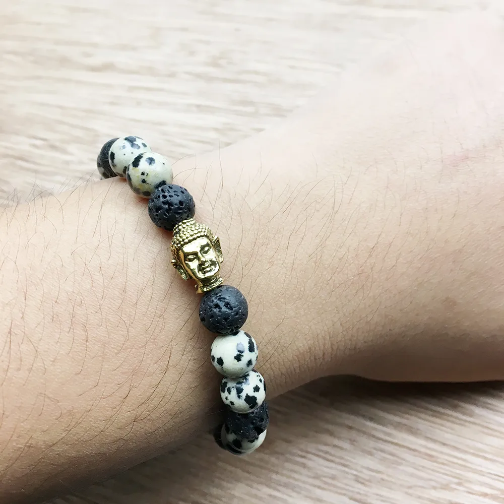 SN1025 Althentic Mala Bracelet仏教ジュエリーヒーリング自然石パワービーズスピリチュアルエネルギーブレスレット溶岩スペックルジャスパーブレスレット