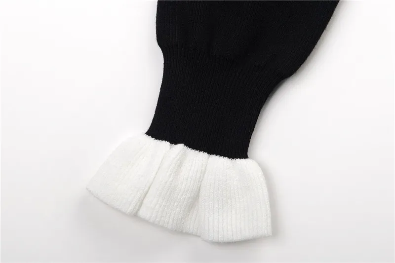 2018 Black White Patchwork Stand Long Sleeves Long Pullover Women Brand Same Style Ruffles Bow Knitting Long Dresses Women 110104