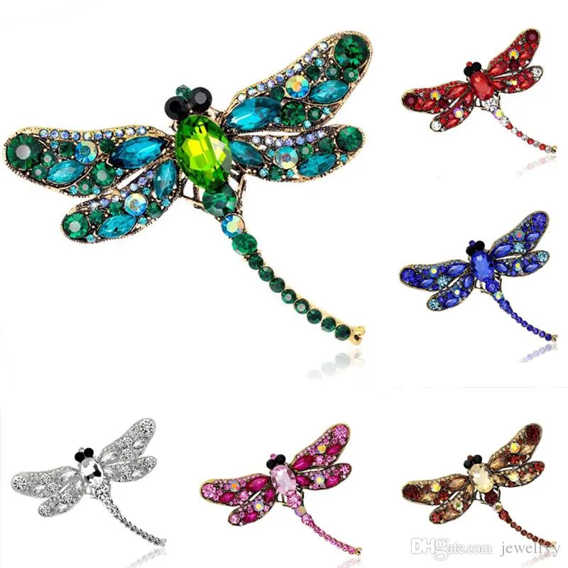 Vintage Full Rhinestone Dragonfly Brooches Pins Multicolors Crystal Animal Costume Pin Breastpin Party Dress Jewelry Birthday Gift