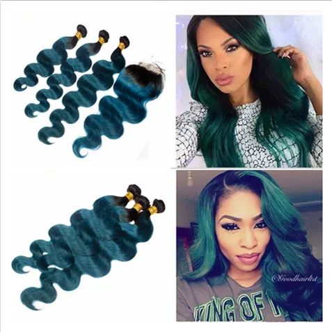 # 1B / verde escuro ombre 4x4 frente lace fechamento com pacotes 4 pcs lote onda corporal raízes escuras verde ombre cabelo humano virgem com fechamento