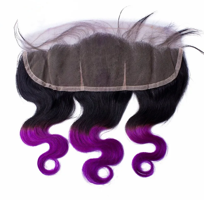 Peruwiańskie dziewicze fioletowe ombre ludzkie włosy z czołowym zamknięciem 13x4 Fael Body Fala 1 Bppurple Dwukrotne Ombre Frontal z BU7449380