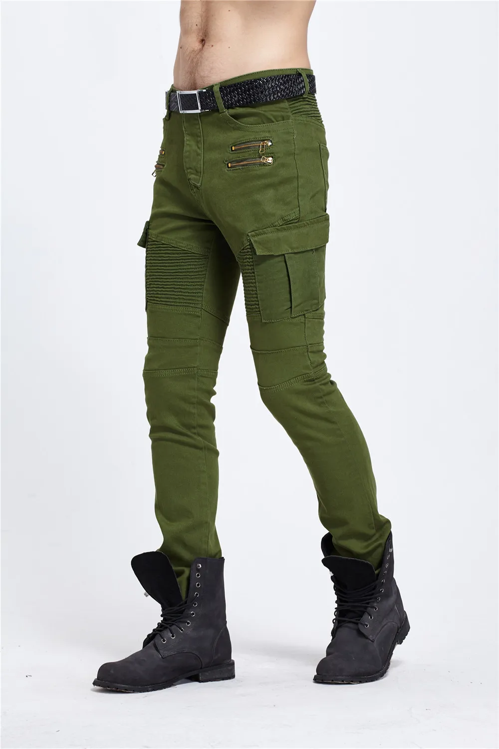 Jean de motard déchiré pour hommes, pantalon Cargo multi-poches de marque, vert armée, crayon plissé, Slim, Hip Hop, Denim, 188y