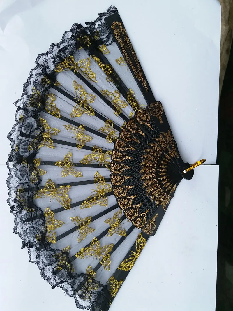 Chinese Style Lace Gilt Edge Plastic Fan Needlepoint Gold Butterfly Transparent Lace Plastic Handheld Folding Fans / 