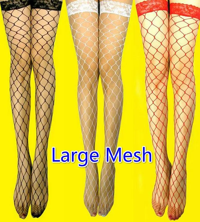 Navire gratuit es maille moyenne petite maille sexy Womens Sheer Lace Top bande de silicone reste jusqu'à la cuisse haute bas collants lingerie