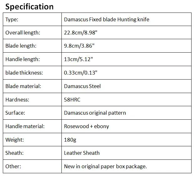최고 품질 다마스커스 스틸 생존 직선 사냥 칼 58HRC RosewoodEbony 핸들은 가죽 칼집에 칼날 칼을 고정