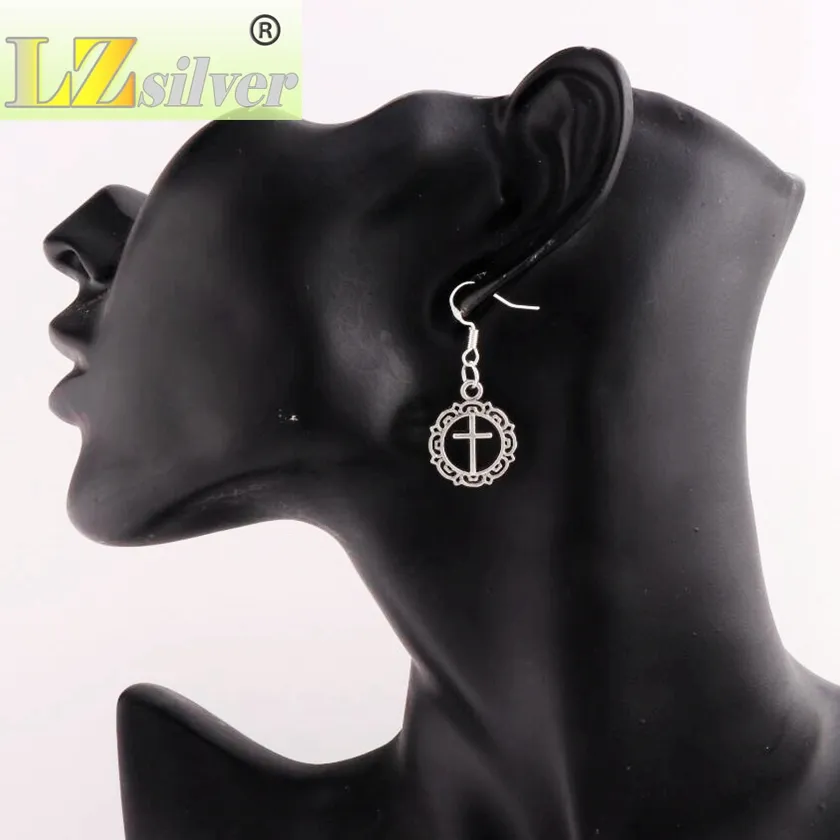 Flower Circle Cross Dangle Chandelier Earrings 925 Silver Fish Ear Hook E495 16.4x37.1mm 