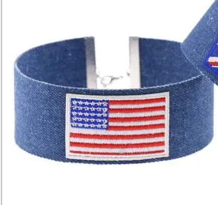 Uttalande halsband punk denim broderi choker halsband för kvinnor krage rose cool hjärta diamant national flagga krona charm smycken