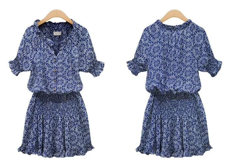 C3064 Summer Women's Florals Dress V Neck Short Sleeve Slim Waist Casual Lady's Female Dresses Blue