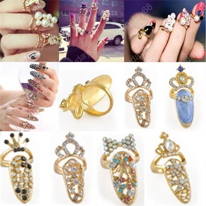 Neue Strass Bowknot Finger Nagel Ring Charme Krone Blume Kristall Persönlichkeit Kunst Nagel verstellbare Ringe für Frauen Modeschmuck