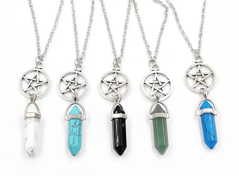 Mode Hexagonal Prisma Naturstenshänge Fempunktsstjärna Crystal Bullet Point Chakra Pentagram Rostfria kedjor Halsband Dam Smycken