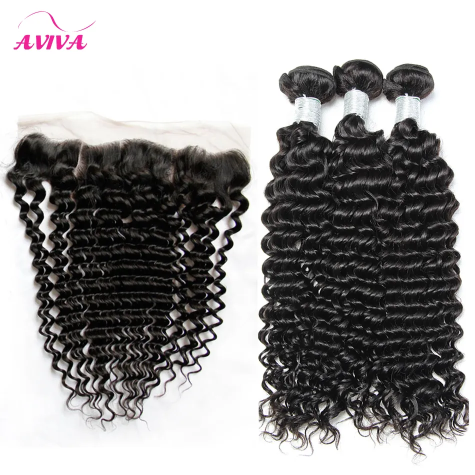 Brasileiro Curly Virgin Weaves com Lace Frontal Feches 3 Bundles Peruano Indiano Malásia Camboja Profundo Jerry Curly Remy Human Hair